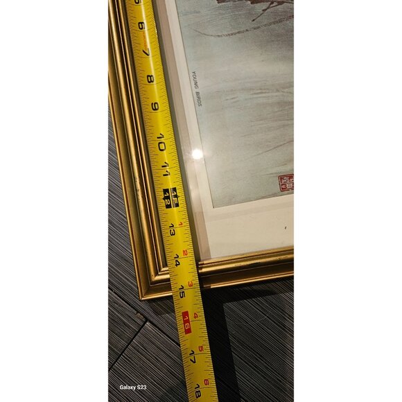 Vintage Framed Print "Young Birds" Asian Gold Frame 15x19 Inches Signed - Picture 6 of 7